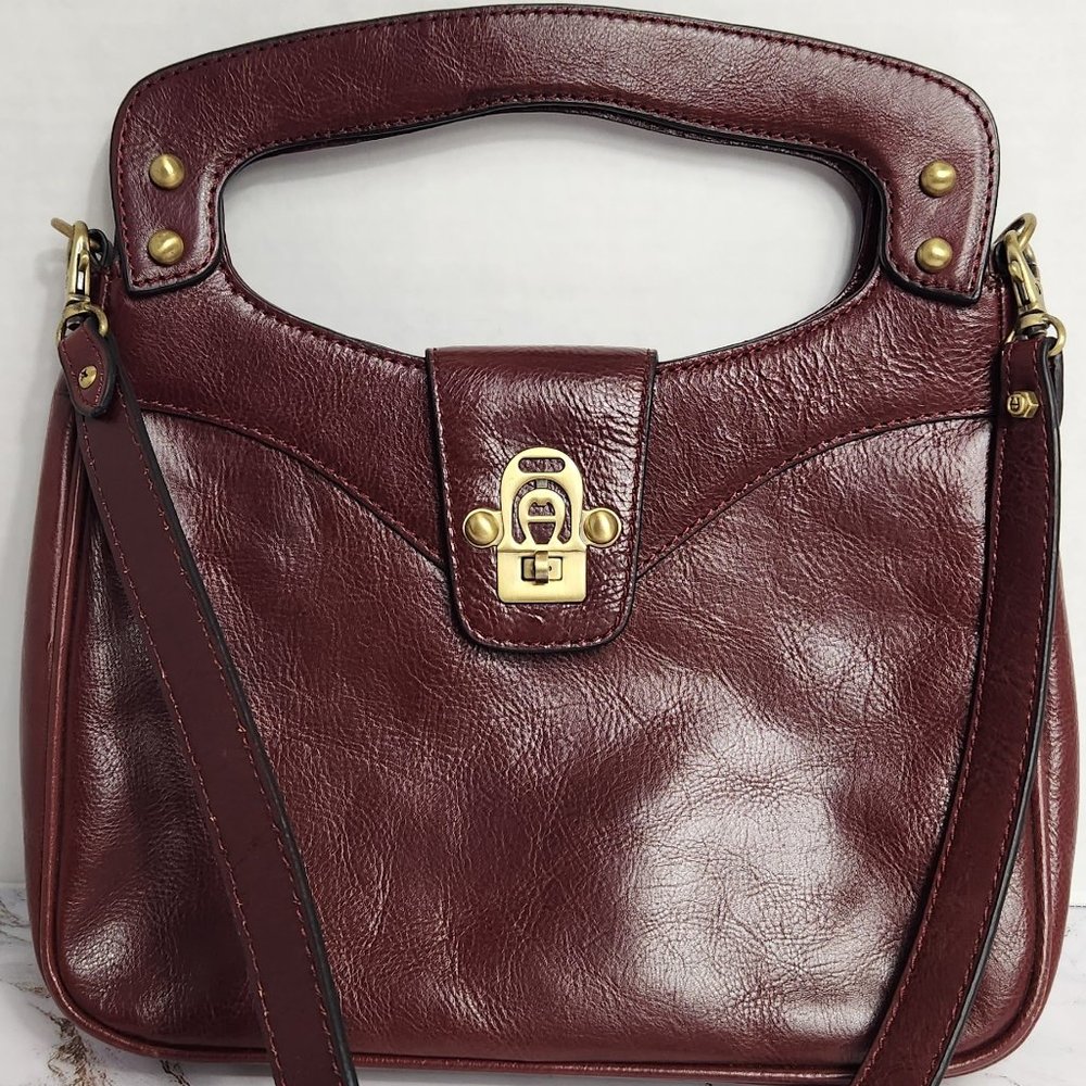 Vintage Etienne Aigner Purse top handle oxblood Leather brass handbag